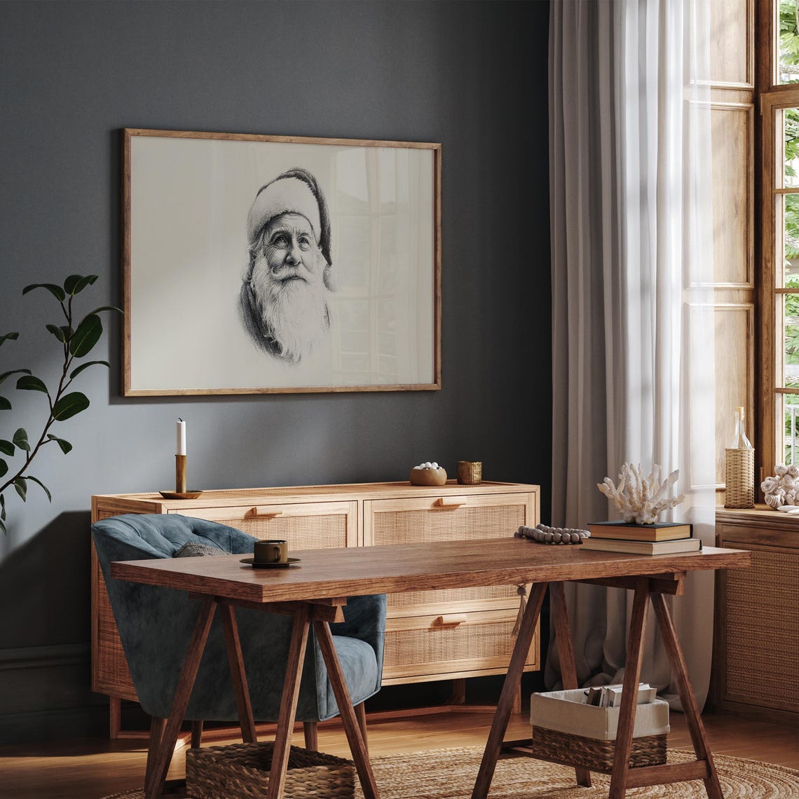 Smiling Santa Claus Sketch Drawing Vintage Style Christmas Wall Art - Image 3