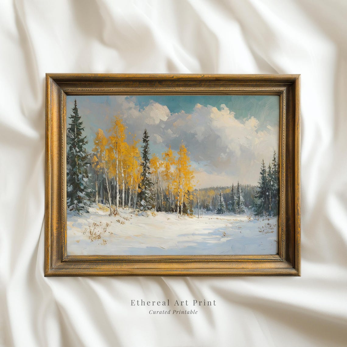 Yellow Aspen Trees Snow Covered Forest Vintage Landscape Wall Art