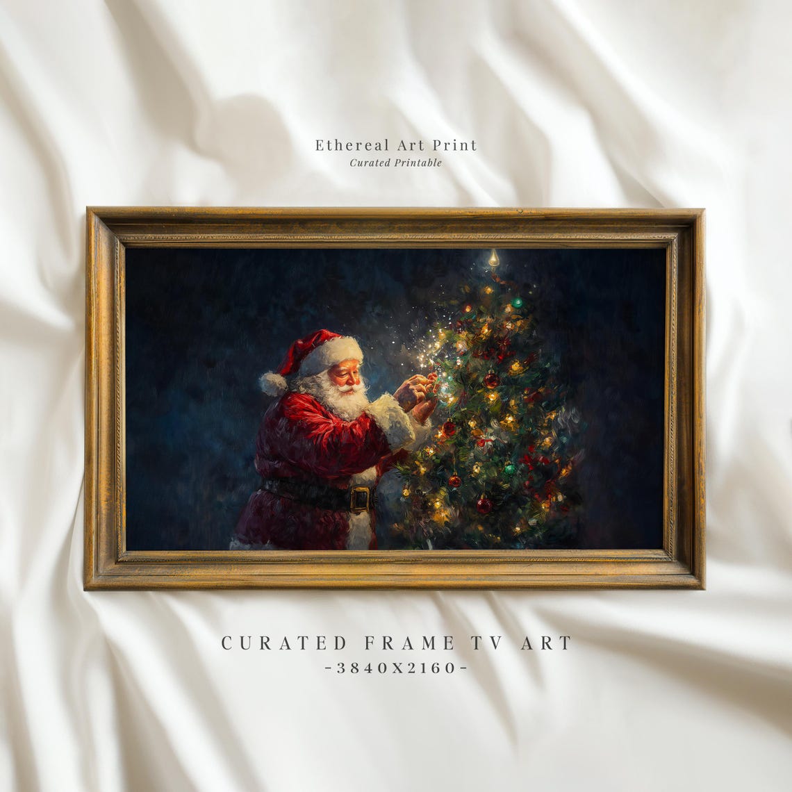 Santa Hanging Ornaments Lit Christmas Tree Festive Painting Wall Art
