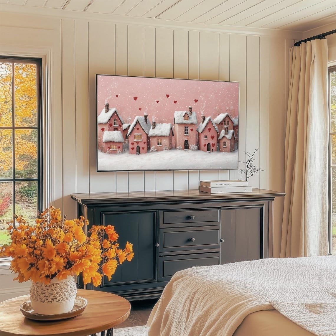Cozy Pink Cottages With Hearts In Snow Valentines Day Frame Tv Art - Image 2