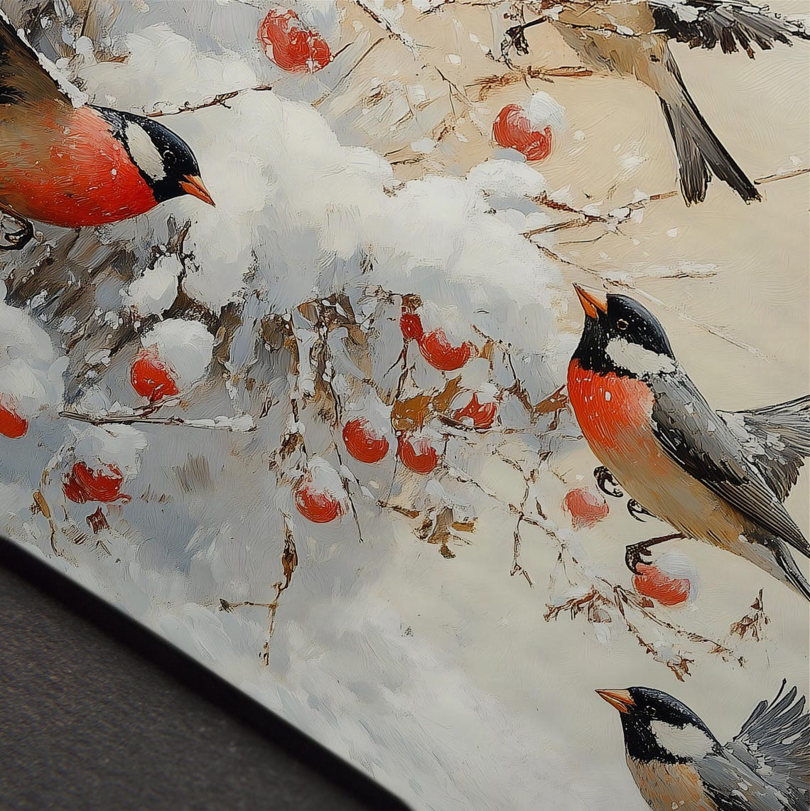 Red Breasted Winter Birds Snowy Berry Branches Painting Wall Art - Image 4