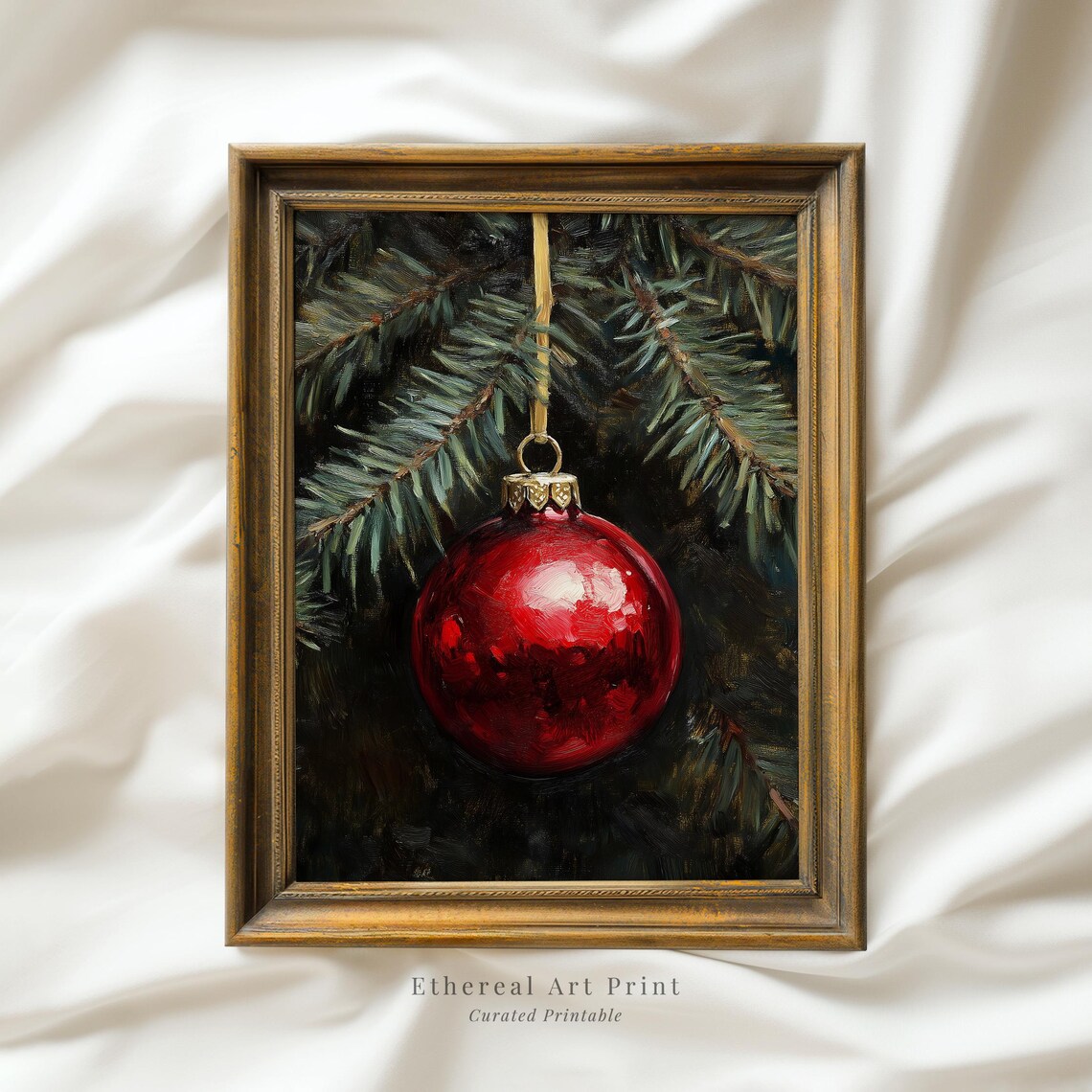 Red Christmas Ornament On Gold Ribbon Pine Branch Oil Art Print