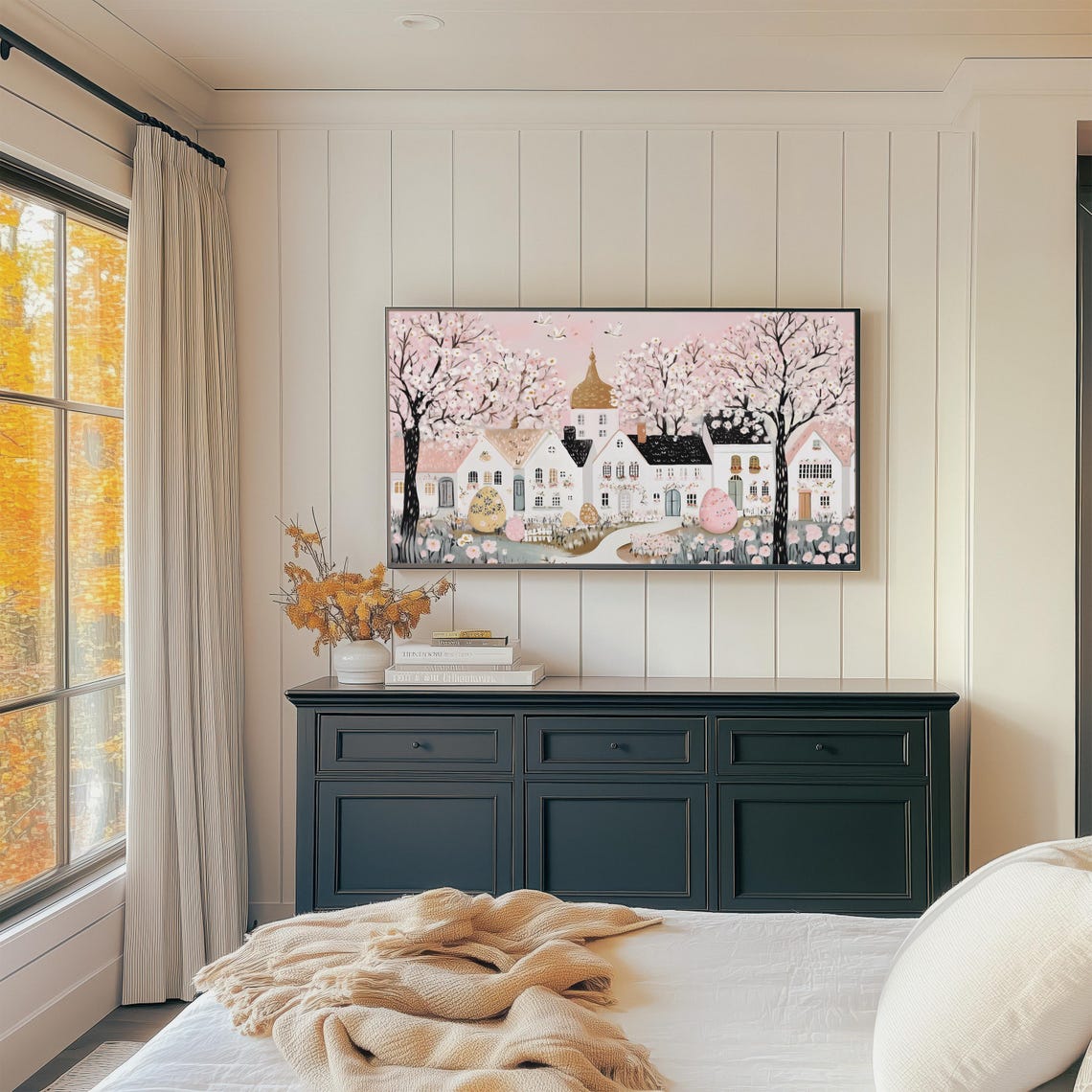 Pink Cherry Blossom Easter Village Golden Dome Church Spring Wall Art - Image 2