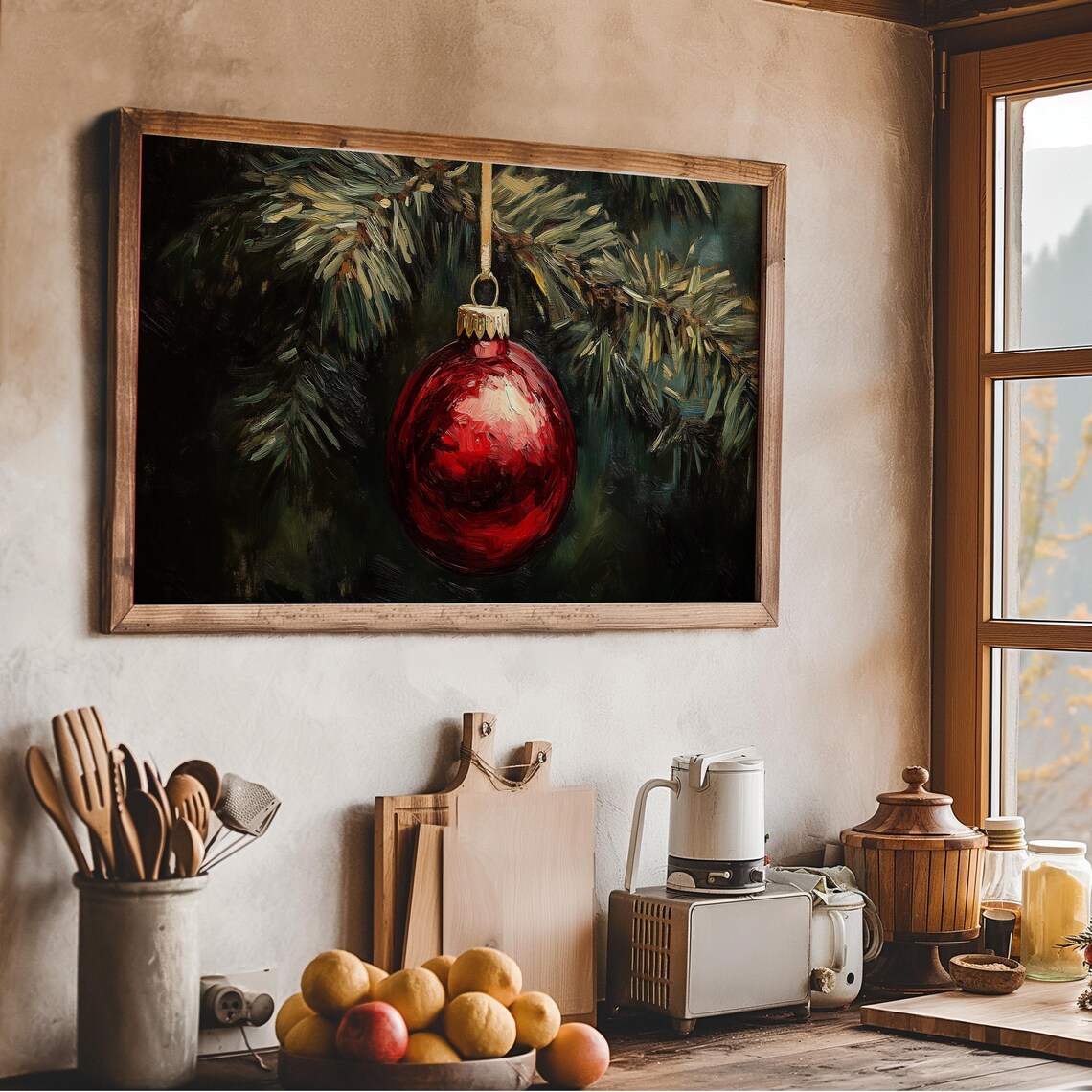 Red Christmas Bauble On Pine Branch Moody Oil Painting Wall Art - Image 2