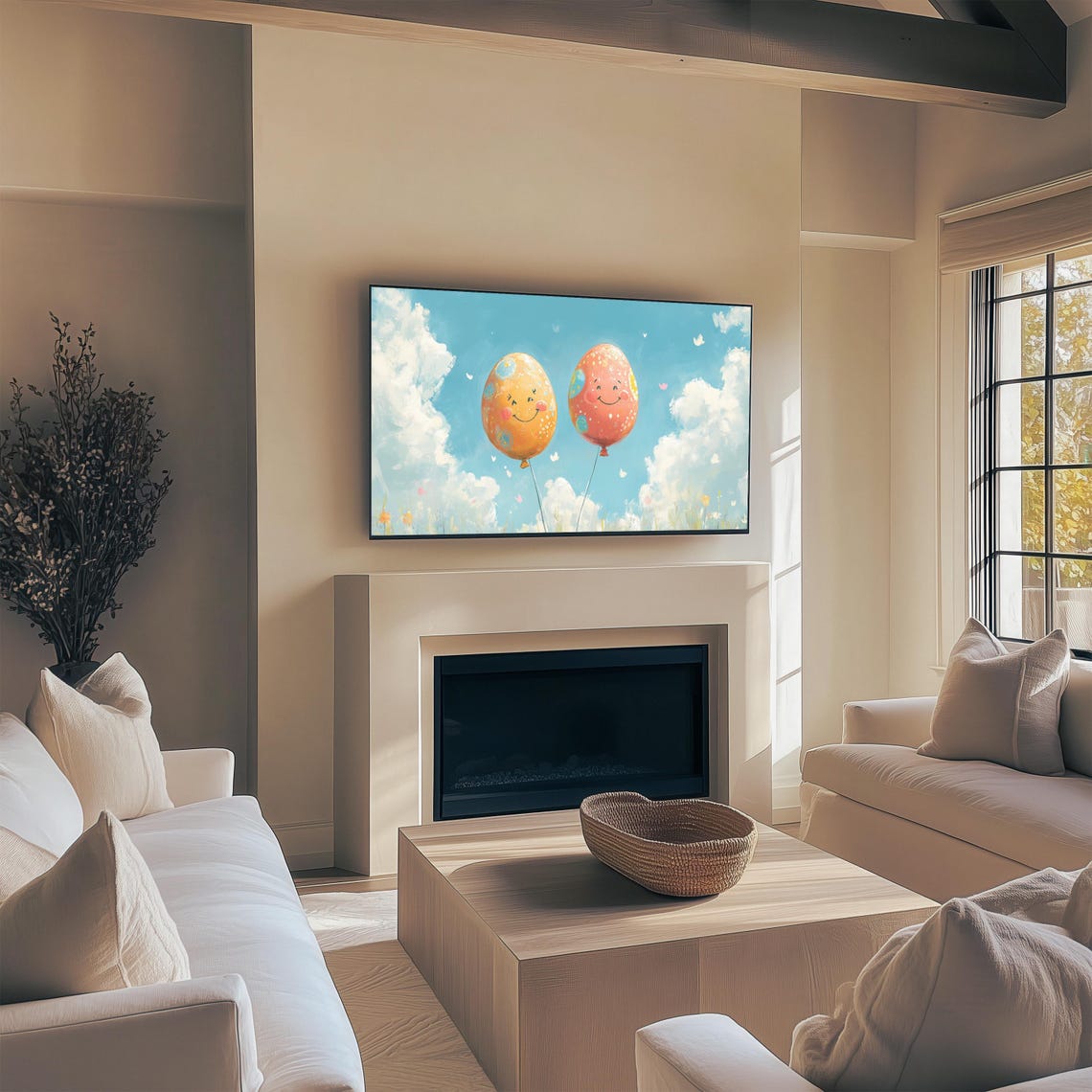 Smiling Easter Egg Balloons Floating In Bright Blue Sky Wall Art - Image 2