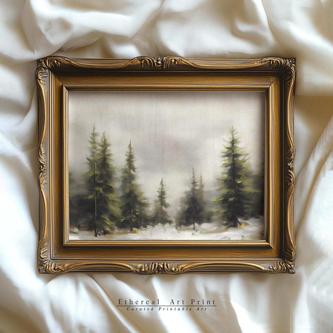 Misty Evergreen Pines Snowy Quiet Winter Forest Painting Wall Art - Image 2