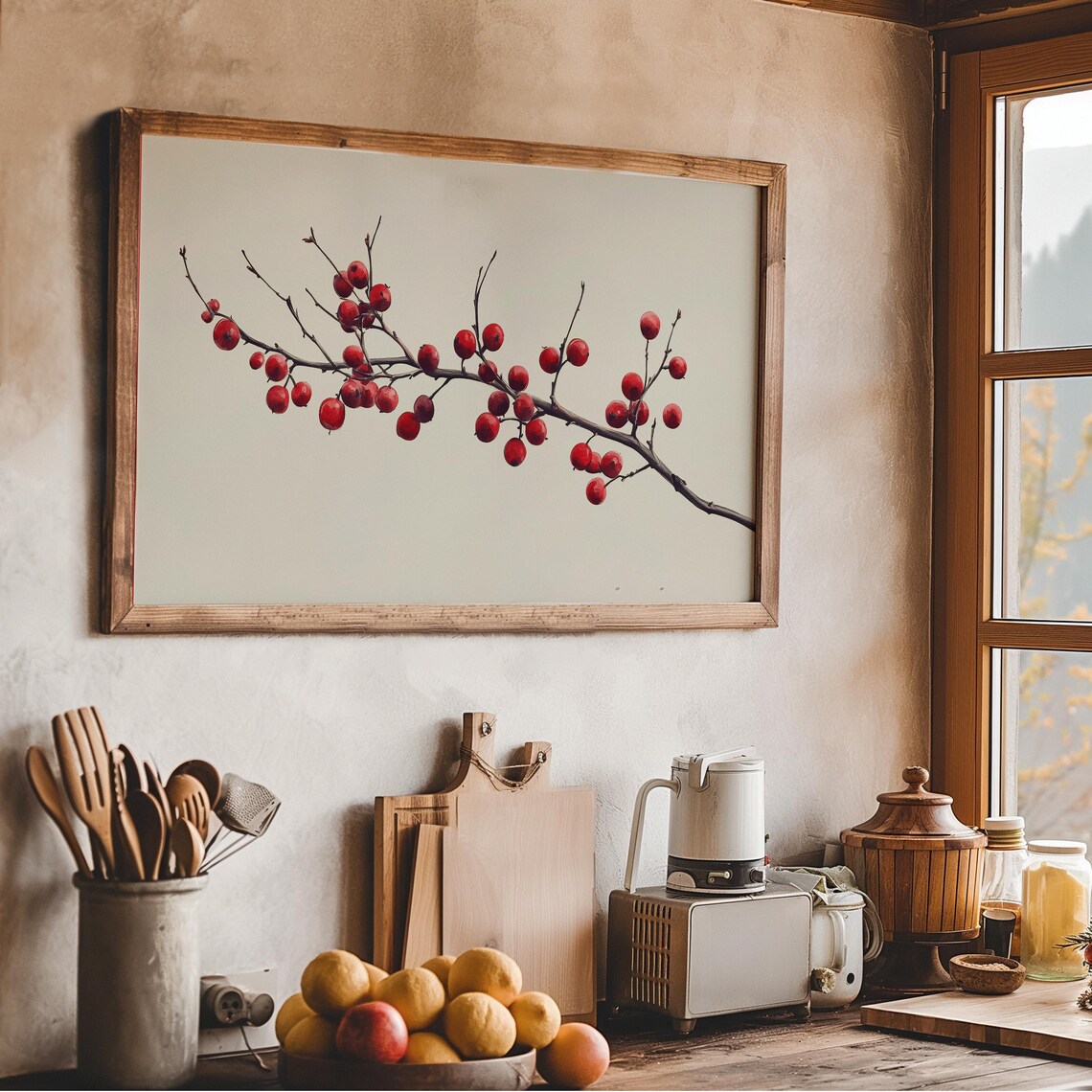 Red Berry Branch Minimalist Botanical Winter Painting Wall Art - Image 3