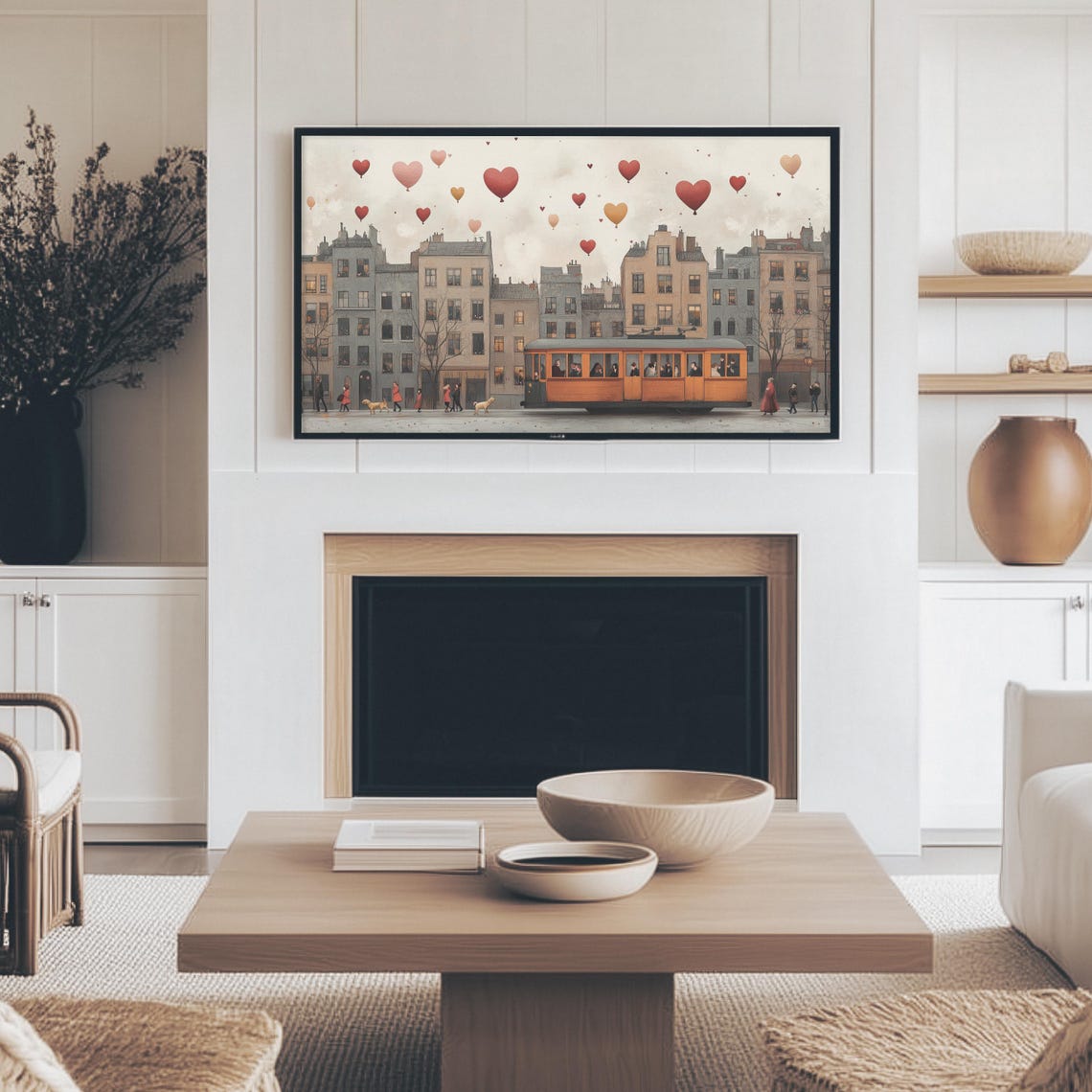 Vintage Yellow Tram Under Heart Balloons European Street Art Print - Image 4