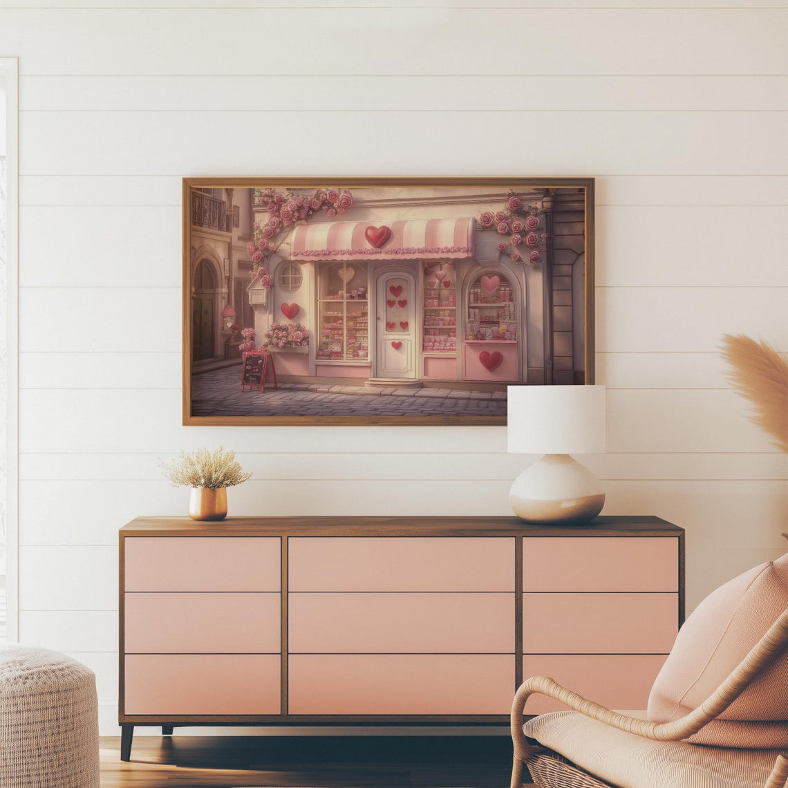 Pink Parisian Bakery Storefront With Hearts And Roses Art Print - Image 2