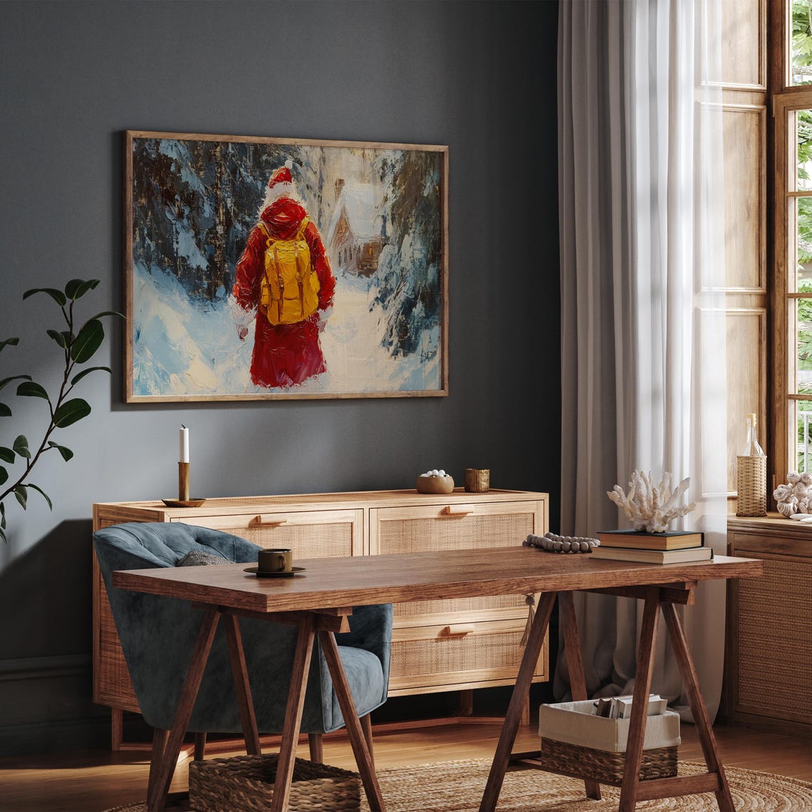Santa Claus Walking Through Snowy Forest To Cabin Christmas Poster - Image 3