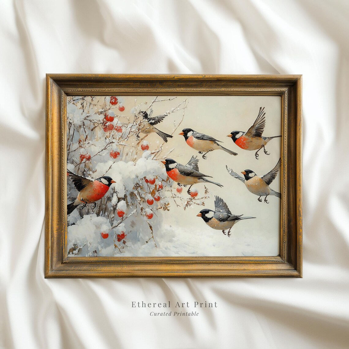 Red Breasted Winter Birds Snowy Berry Branches Painting Wall Art