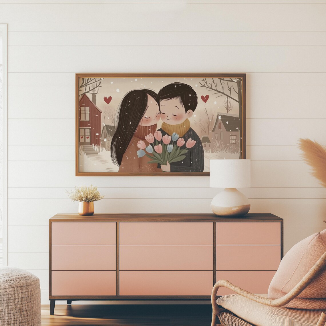 Cozy Couple Embracing In Snowy Village Tulip Bouquet Art Print - Image 4