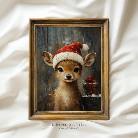 Funny Baby Deer With Santa Hat Print Christmas Wall Art Cute Deer Oil Painting Print Vintage Winter Wall Decor