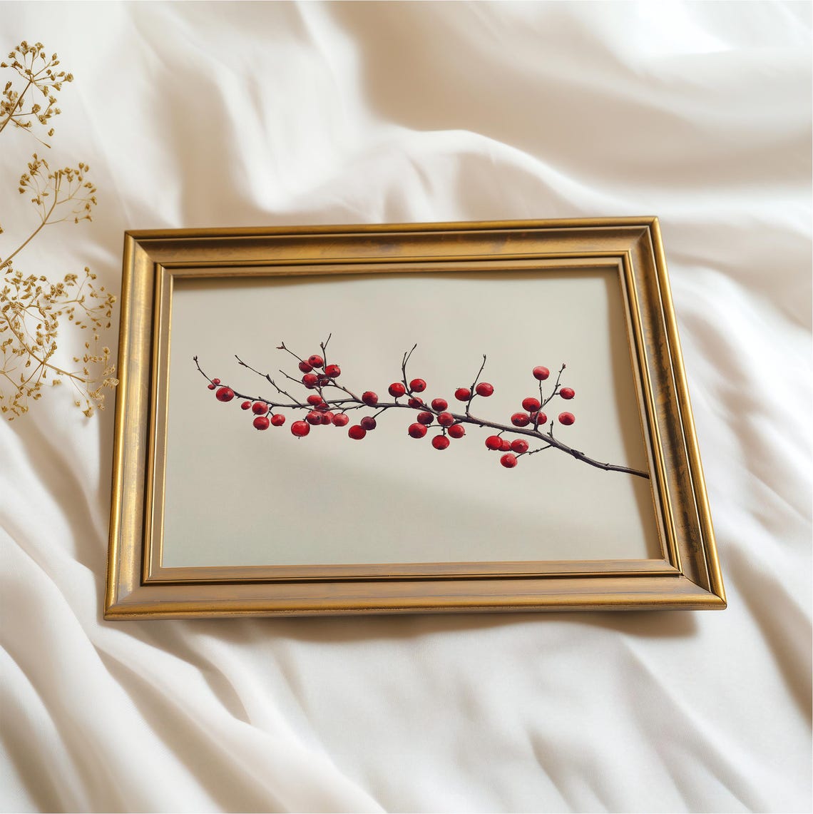Winter Red Berries On Bare Branch Minimalist Botanical Sketch Wall Art - Image 2
