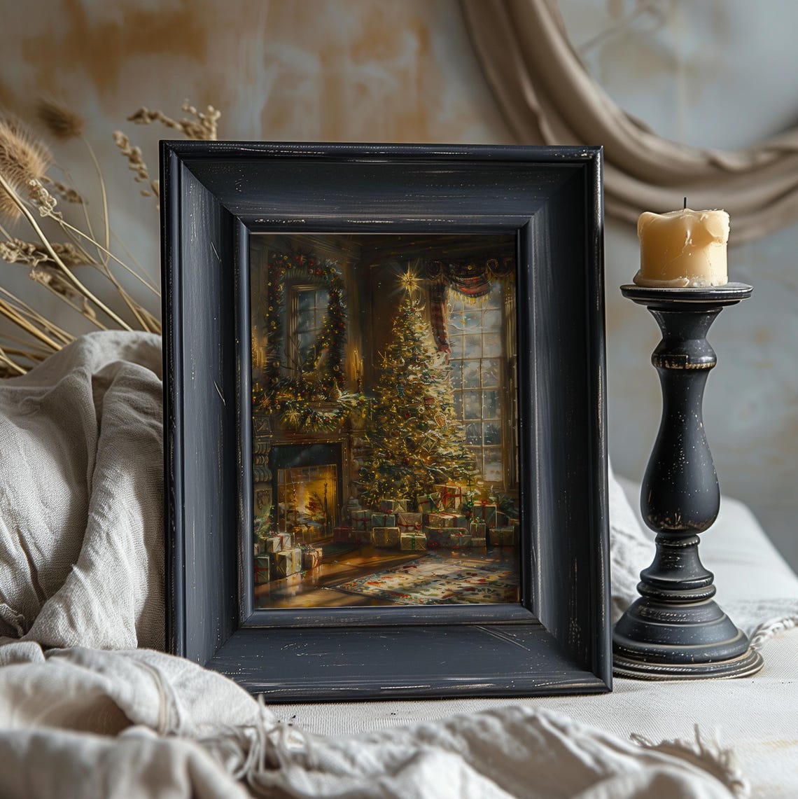 Cozy Vintage Christmas Living Room Tree Fireplace Oil Painting Poster - Image 3