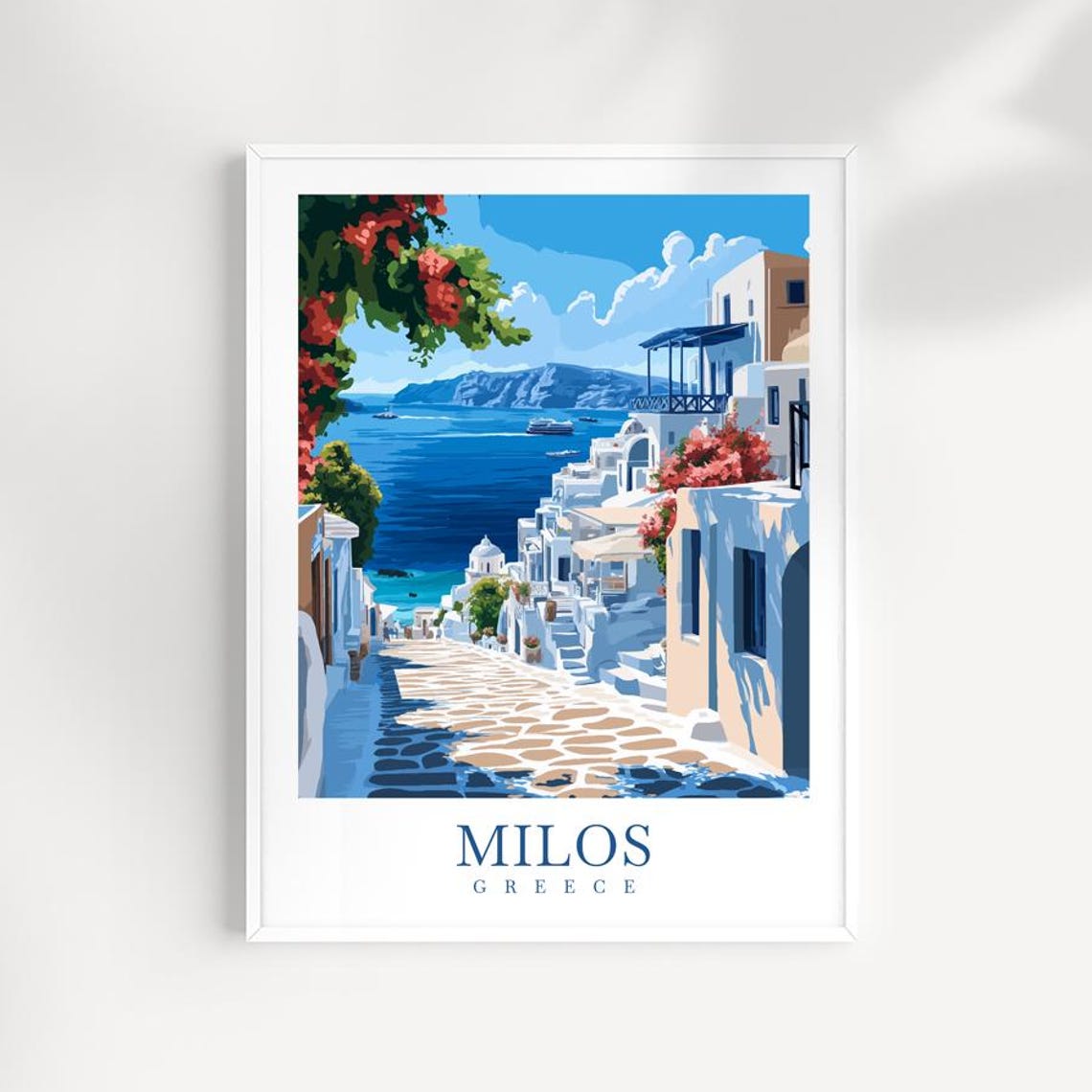 Milos Greece Whitewashed Town And Blue Sea View Travel Poster