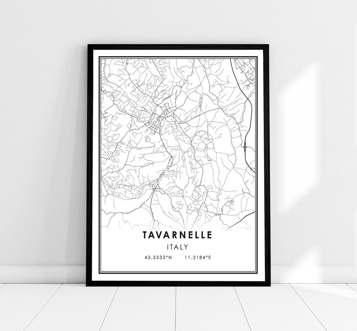 Tavarnelle Italy Town Street Map Minimalist Black and White Wall Art