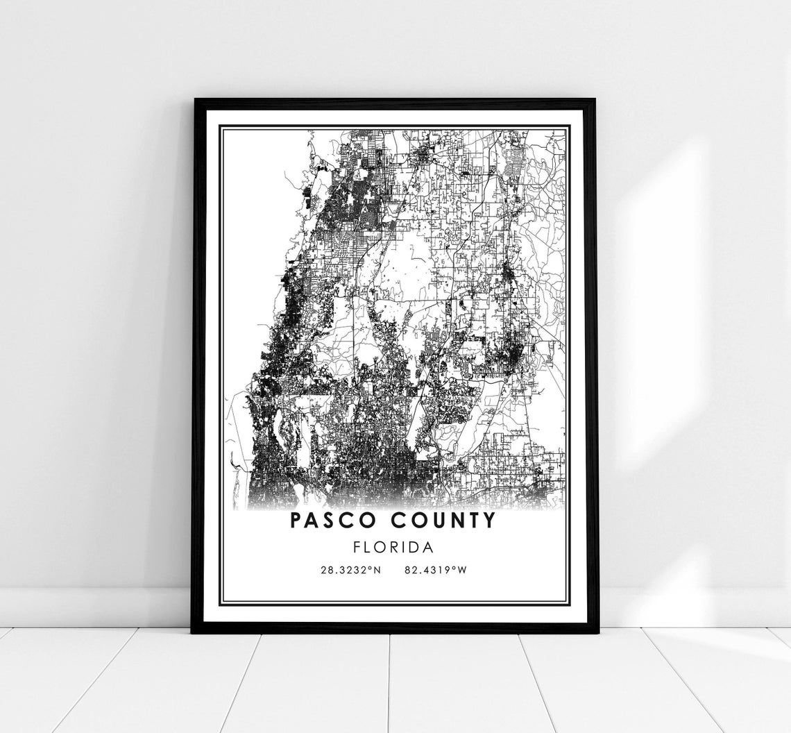 Pasco County Florida Minimalist Black White Line Art Street Map Poster