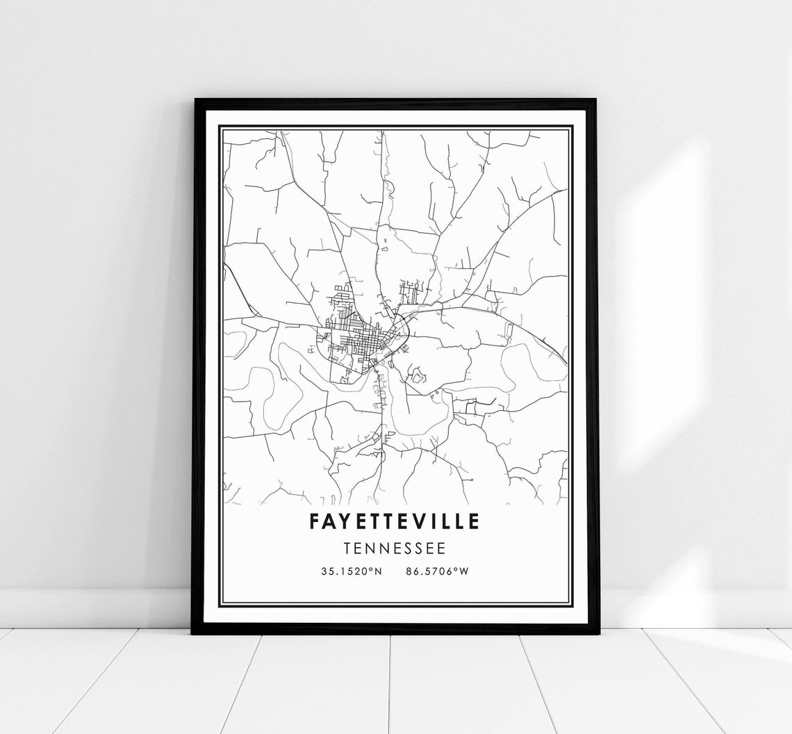 Fayetteville Tennessee Street Map Poster With GPS Coordinates Line Art