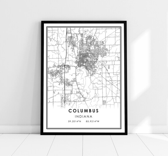 Columbus Indiana City Map With Coordinates Minimalist Street Plan Print