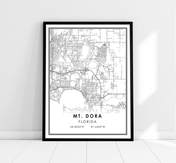 Mt. Dora Florida Minimalist Black and White City Street Map Poster
