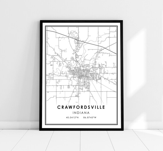 Crawfordsville Indiana City Street Map with Coordinates Poster