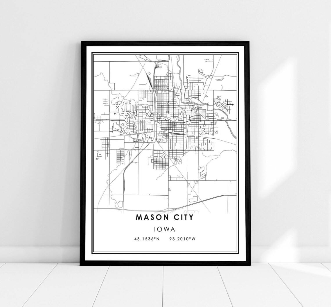 Mason City Iowa Minimalist Street Map Print Black Linework Modern Cartography