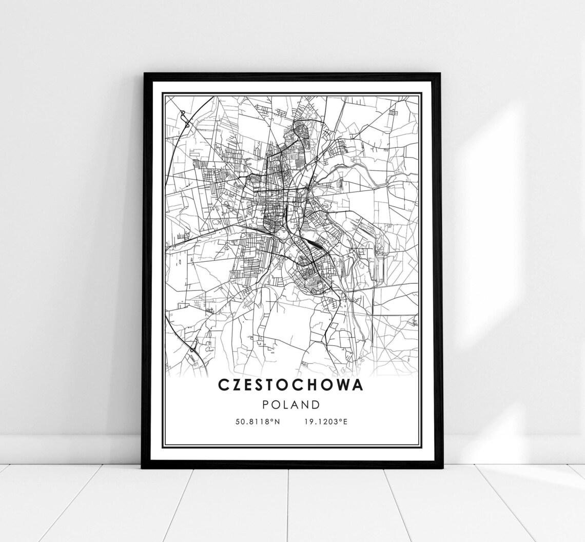 Czestochowa Poland Minimalist City Map Black White Street Line Art Poster
