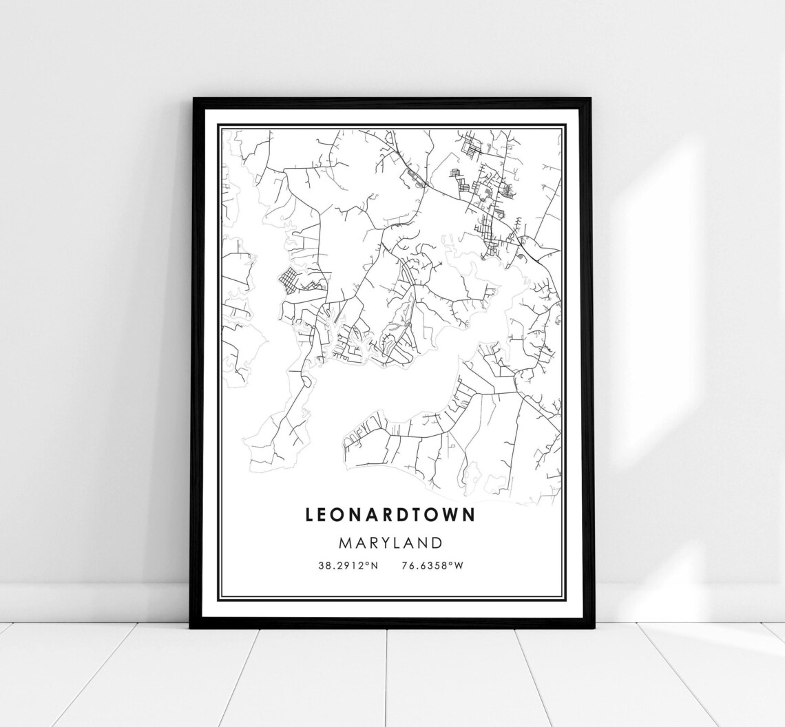 Leonardtown Maryland Minimalist Black and White City Map Poster