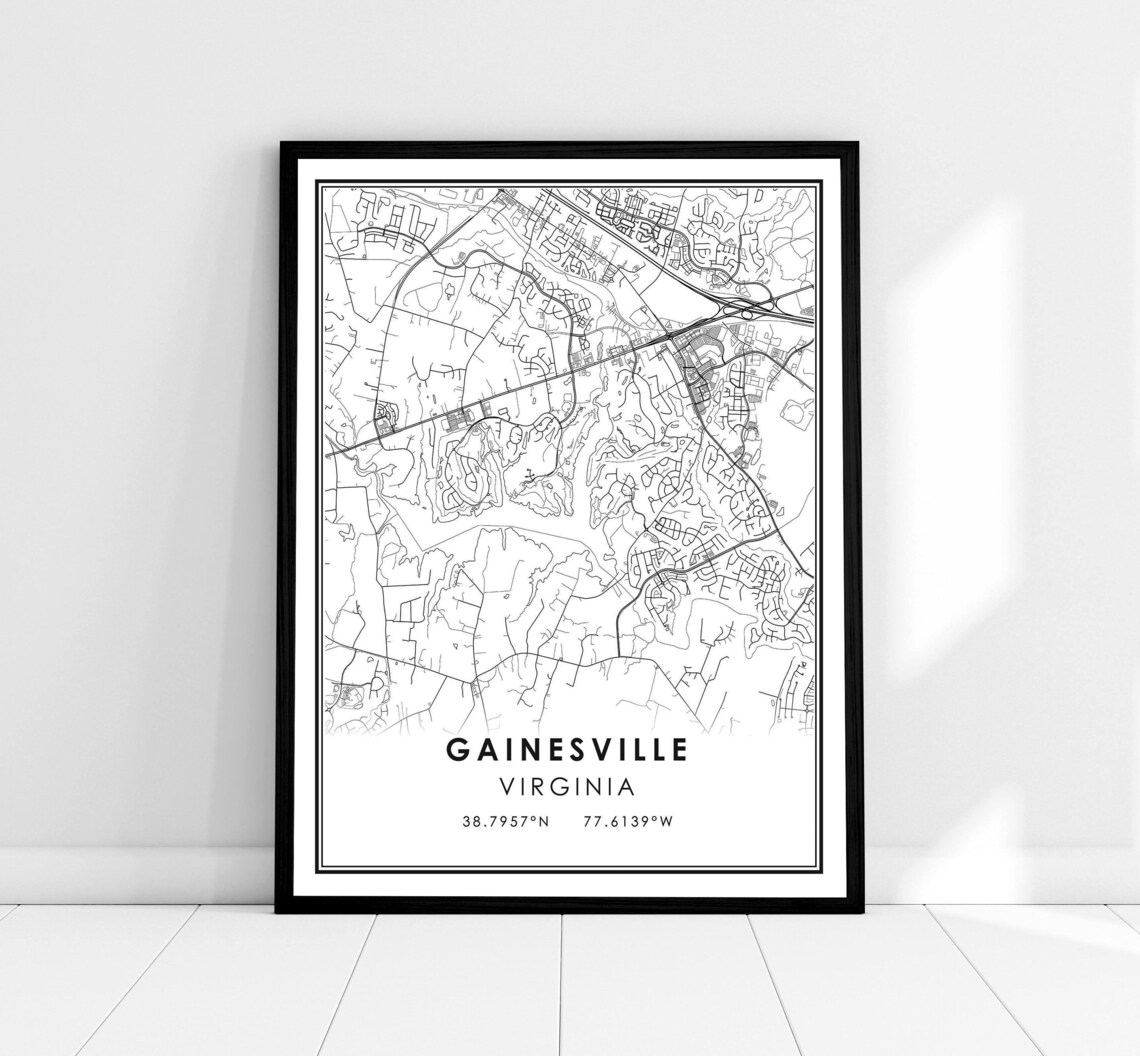Gainesville Virginia Minimalist City Map Line Art Black White Travel Poster