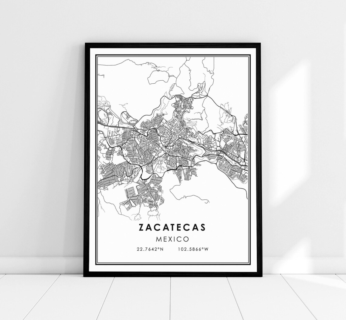 Zacatecas Mexico Map, City Travel Poster