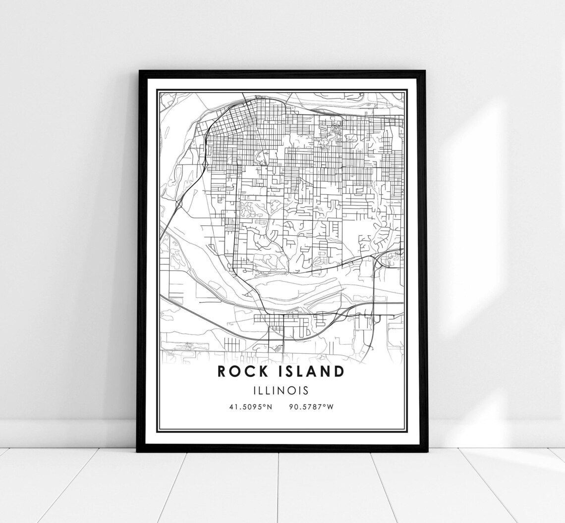Rock Island Illinois Minimalist Monochrome Street Map City Poster