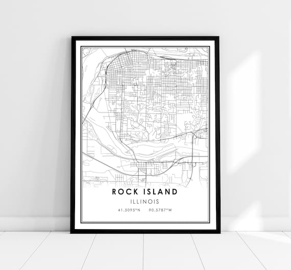 Rock Island Illinois Minimalist Monochrome Street Map City Poster