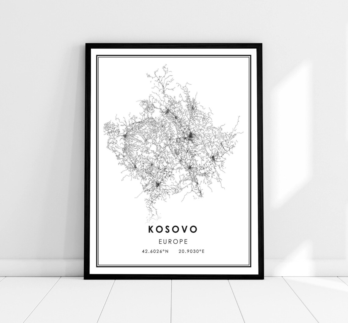 Kosovo Country Map Travel Poster, Road Map