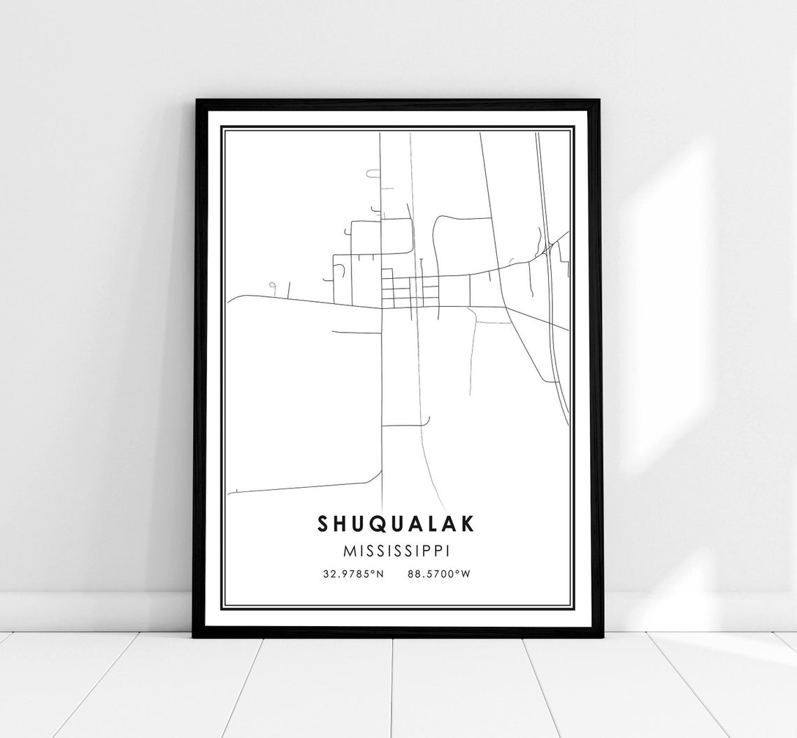 Shuqualak Mississippi Minimalist Street Map Coordinates Print
