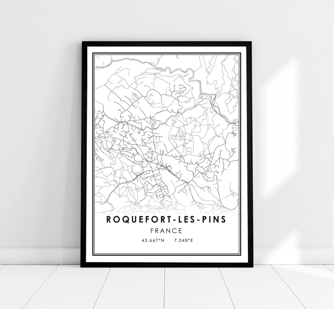Roquefort-les-Pins France Black and White Roads Street Map Poster