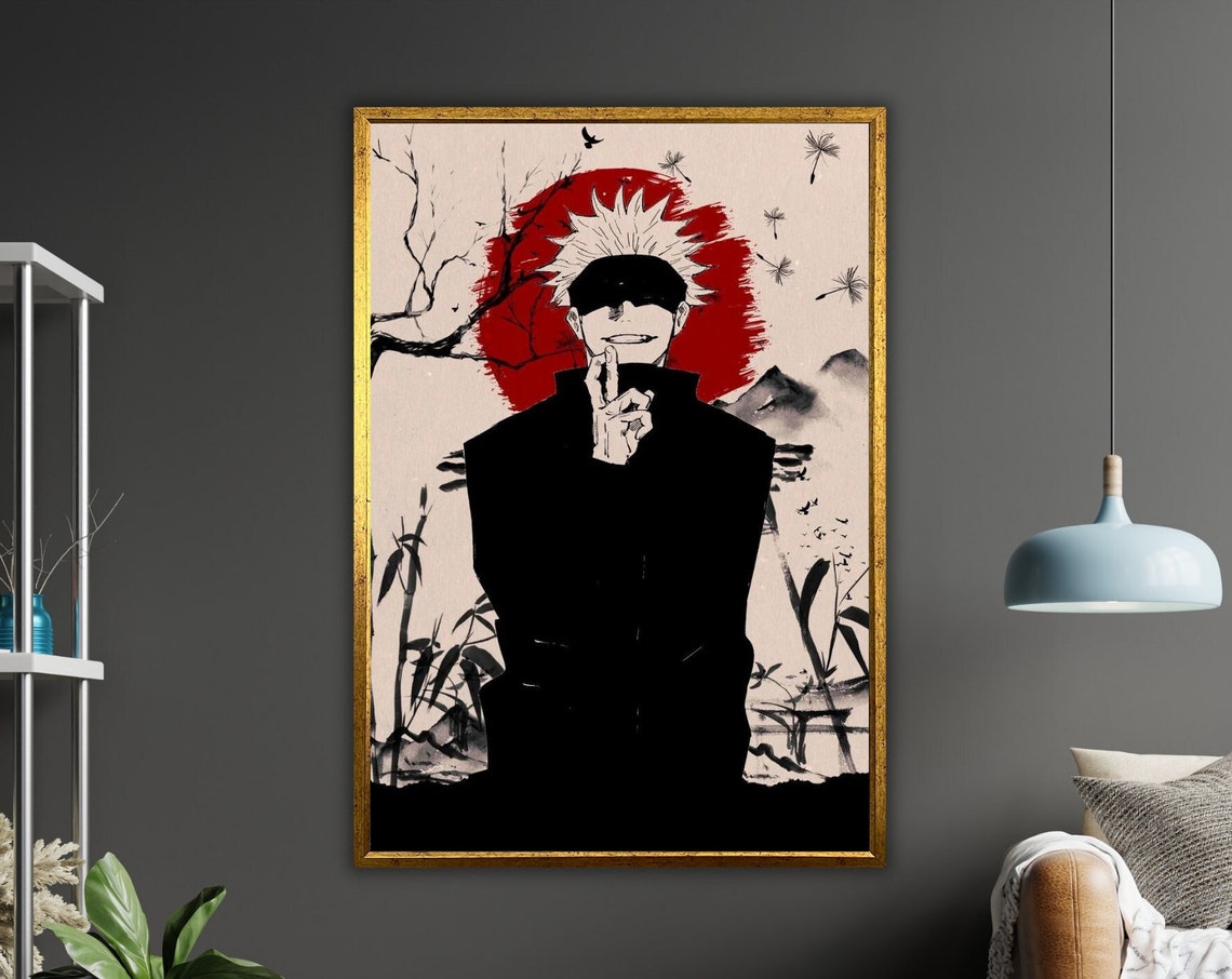 Gojo Satoru Blindfolded Red Sun Japanese Ink Anime Style Poster