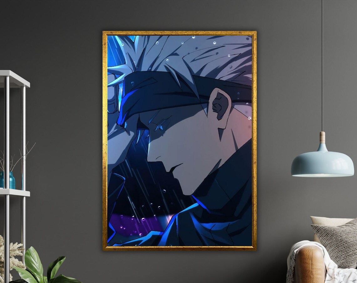 Satoru Gojo Jujutsu Kaisen Neon Blue Night Rain Anime Art Wall Poster