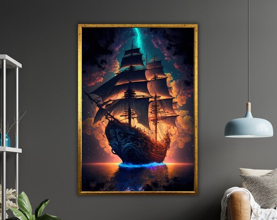 Nautical Ship In Sea Print Ocean Wall Art Ready To Hang Framed Coastal Decor Maritime Painting