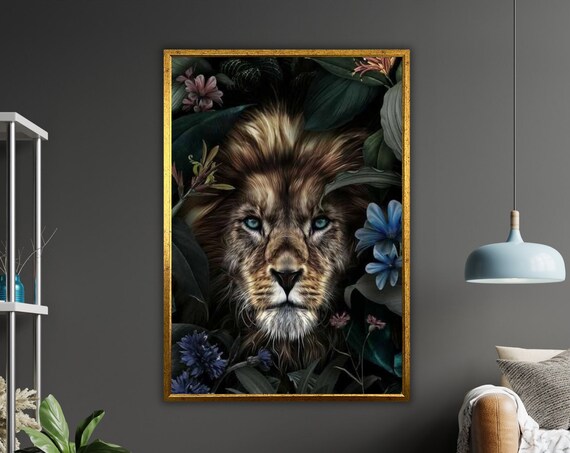 Lion Portrait In Dark Tropical Flowers Moody Jungle Wildlife Fine Art Poster