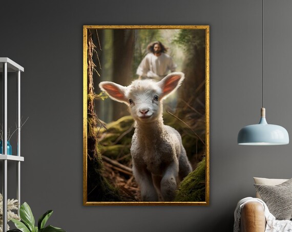Jesus And Lost Lamb In Forest Warm Light Christian Shepherd Love Art Poster