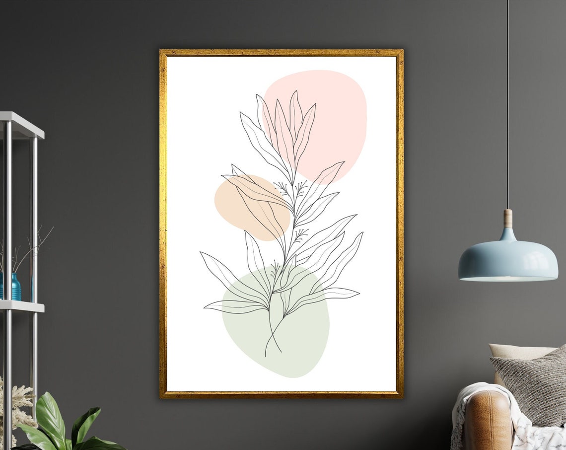 Leafy Sprig Line Art Blush Sage Circles Minimal Decor Poster