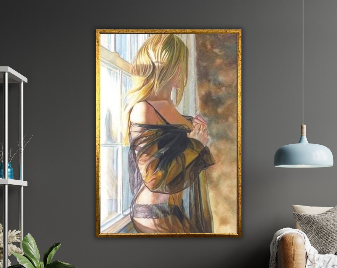 Blonde Woman At Window Sheer Robe Morning Light Painting Poster