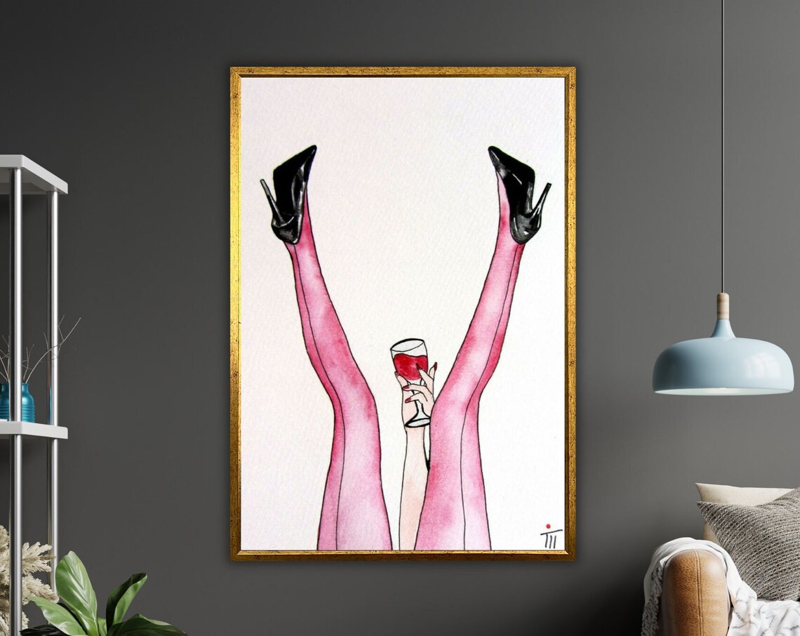 Pink Stockings Legs Heels Wine Glass Whimsical Watercolor Art Wall Poster