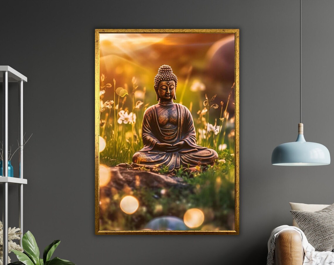 Bronze Buddha Statue Garden Golden Sunset Meadow Zen Wall Art Poster