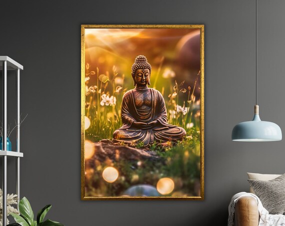 Bronze Buddha Statue Garden Golden Sunset Meadow Zen Wall Art Poster