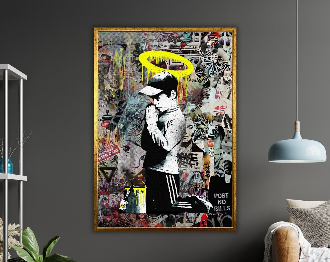 Graffiti Boy Praying Halo Stencil Street Art Collage Urban Poster