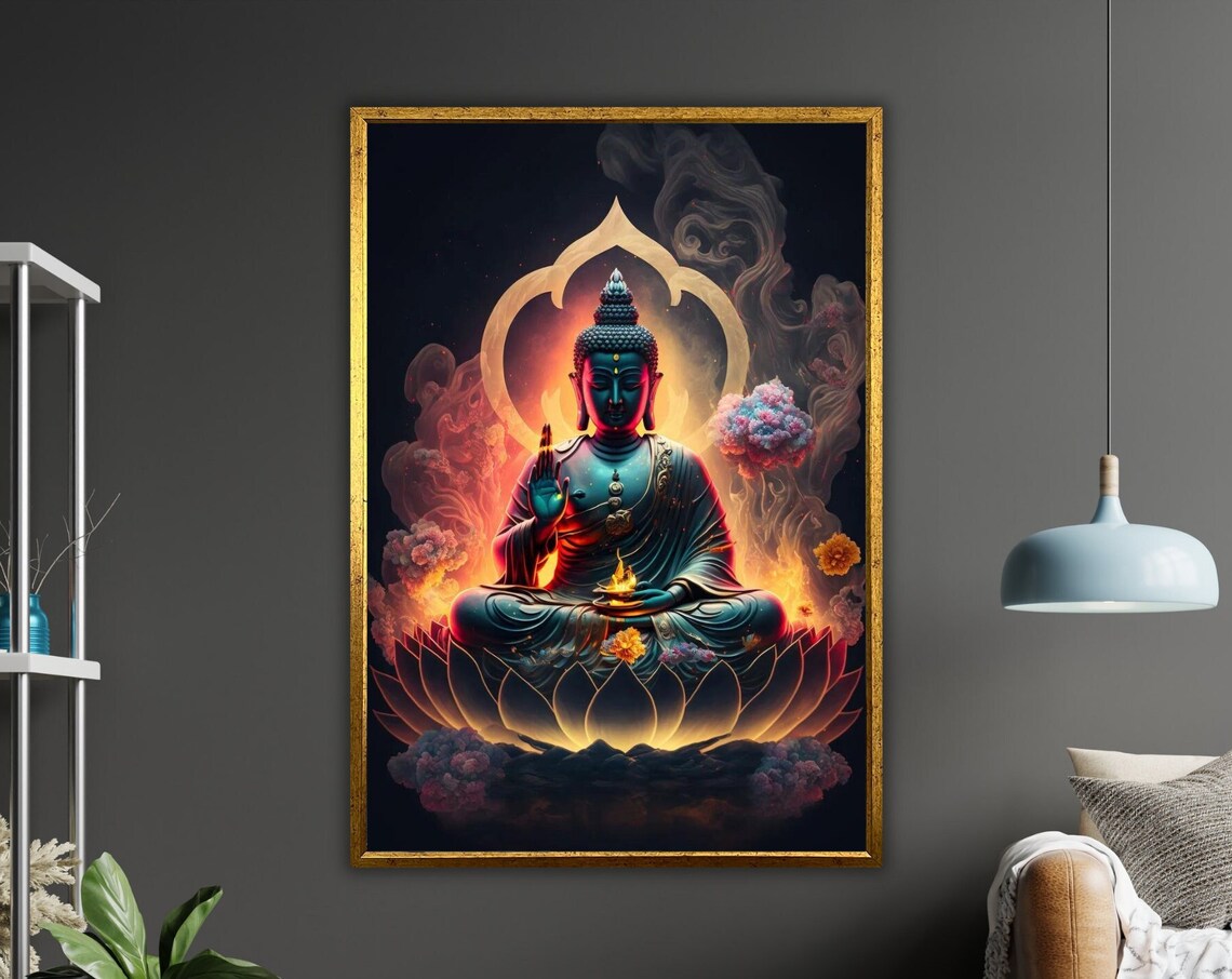 Buddha Lotus Flower Fiery Orange Aura Dark Meditation Art Poster