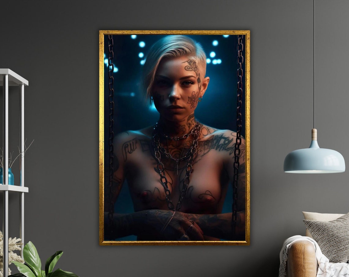 Naked Tattooed Girl Art Print Ready To Hang Framed Wall Decor Modern Nude Art Unique Home Decor