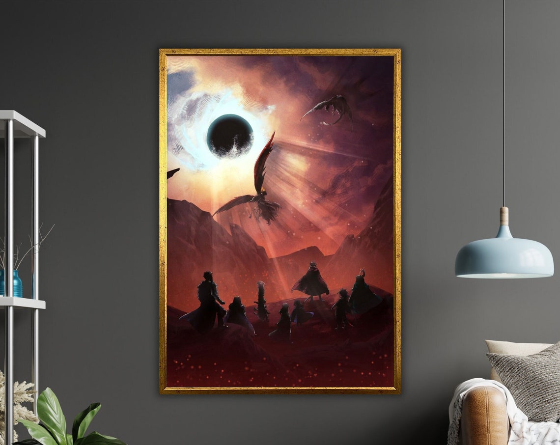 Dark Eclipse Warriors Dragon Battle Epic Fantasy War Landscape Poster